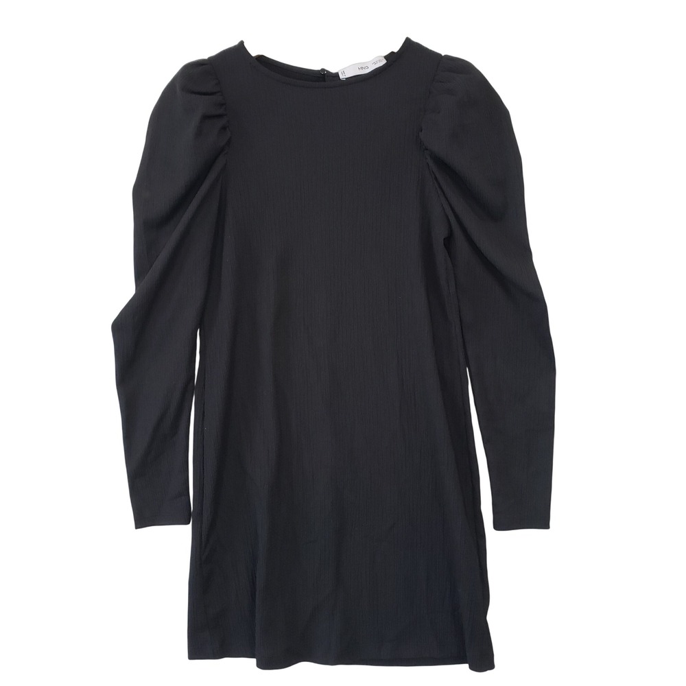 Mango MNG Mini Dress Womens Size 2 Black Puff Sleeve Textured Shift Crepe LBD